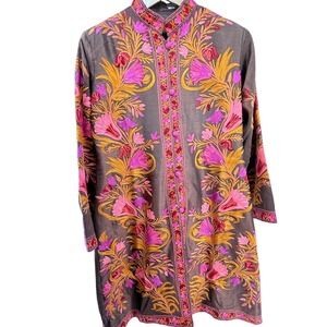 Gorgeous Embroidered Silk Tunic Top‎ Floral Pink Mandarin Collar Made in Nepal L